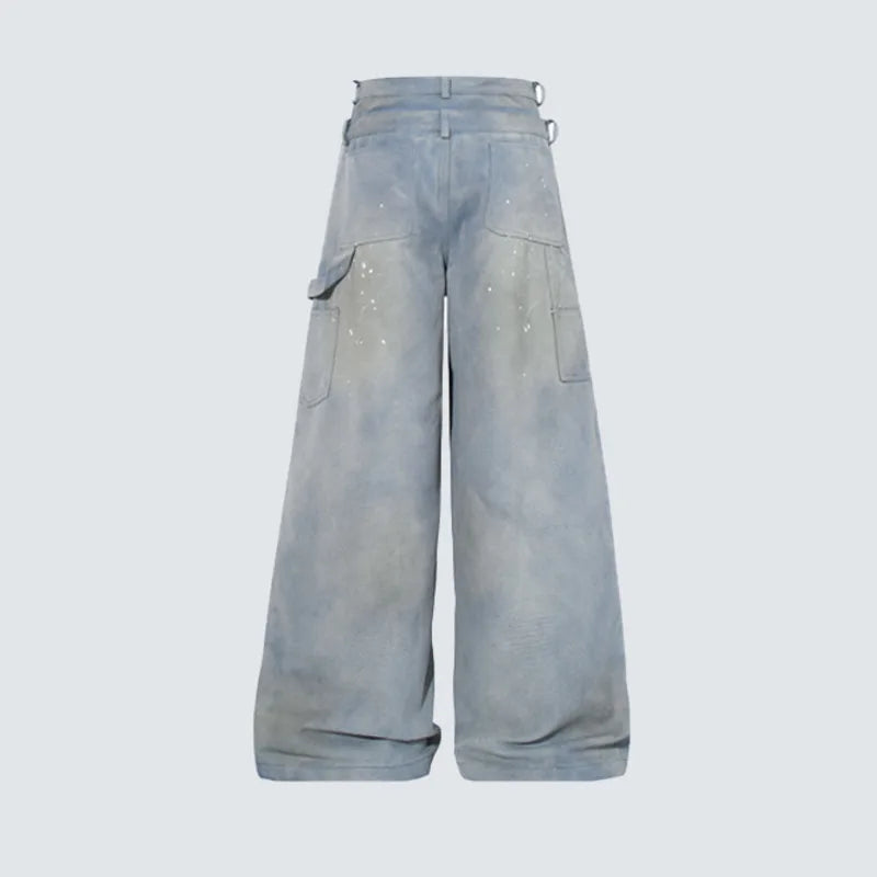 PFNW Men’s Splatter Paint Workwear Jeans – Double-Waist Distressed Washed Loose-Fit Denim | American Streetwear