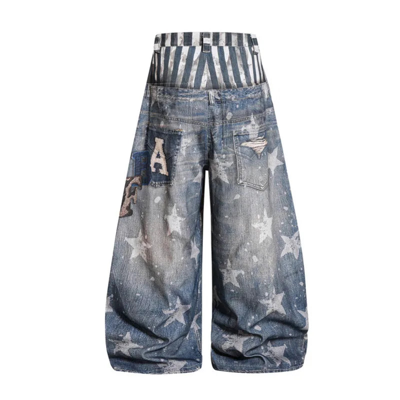 PFNW Men’s American Streetwear Wide-Leg Jeans – Loose Fit Fake Two-Piece Printed Denim Pants | 2026 Summer