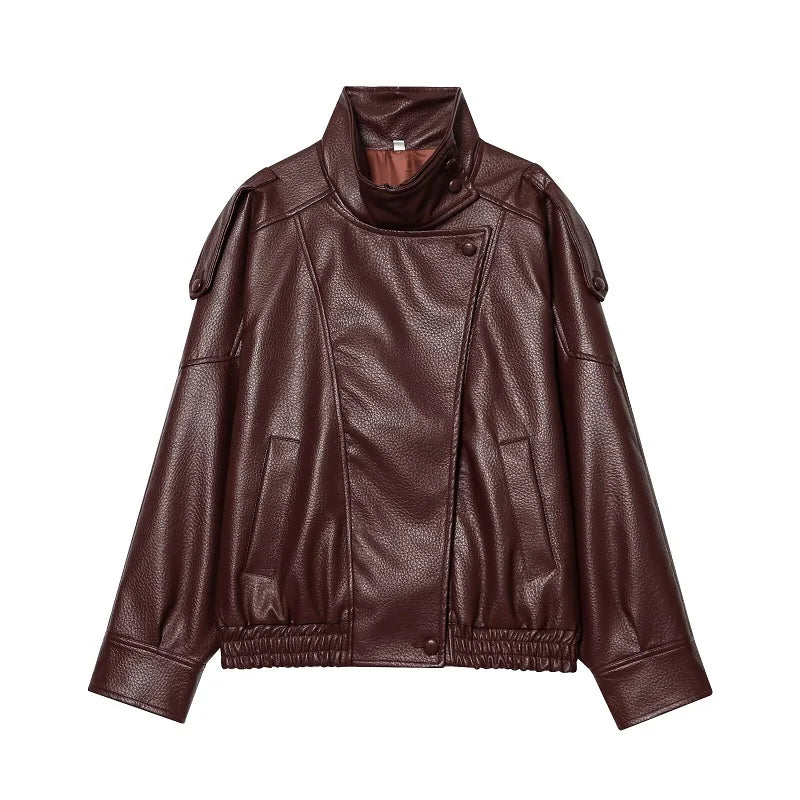 Women’s Oversized Faux Leather Bomber Jacket – Winter Fashion Coat