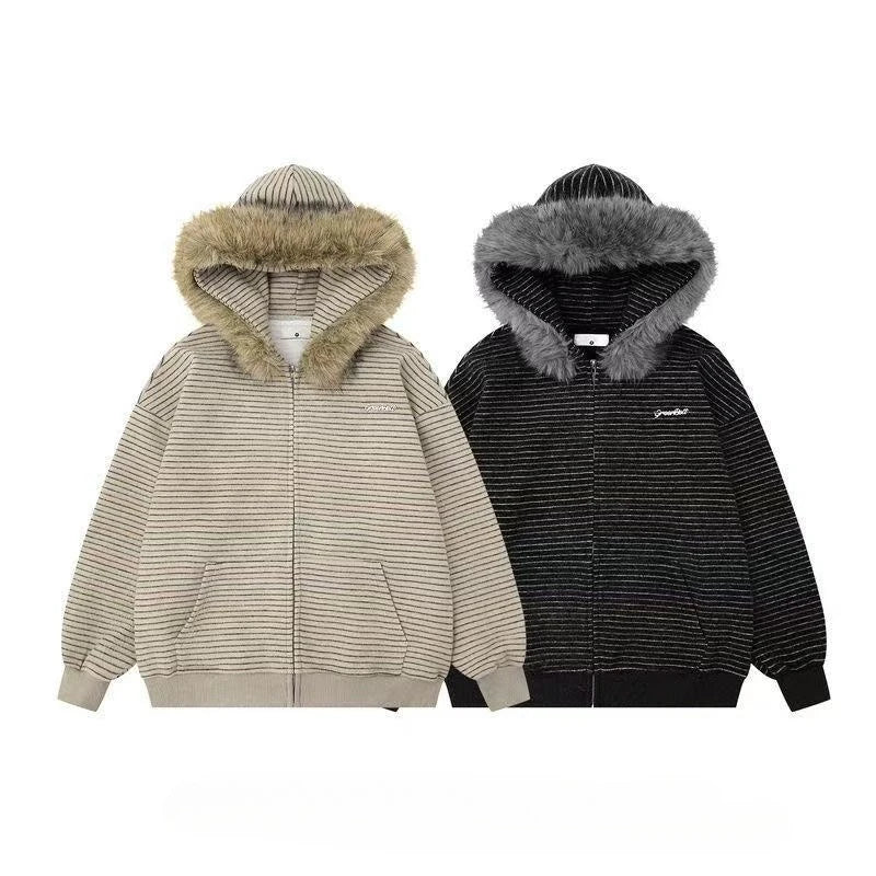 Women’s Y2K Retro Hooded Coat – Striped Loose Jacket with Detachable Faux Fur Collar, Harajuku Gothic Style