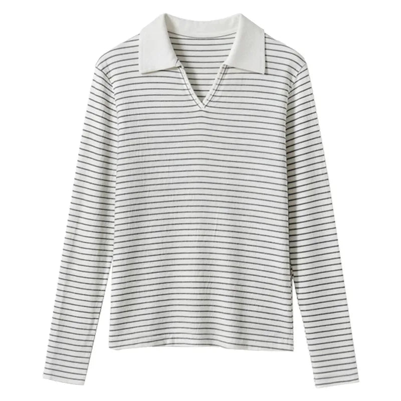 Women’s Striped Polo Shirt – Slim Fit Long Sleeve Y2K Casual Top