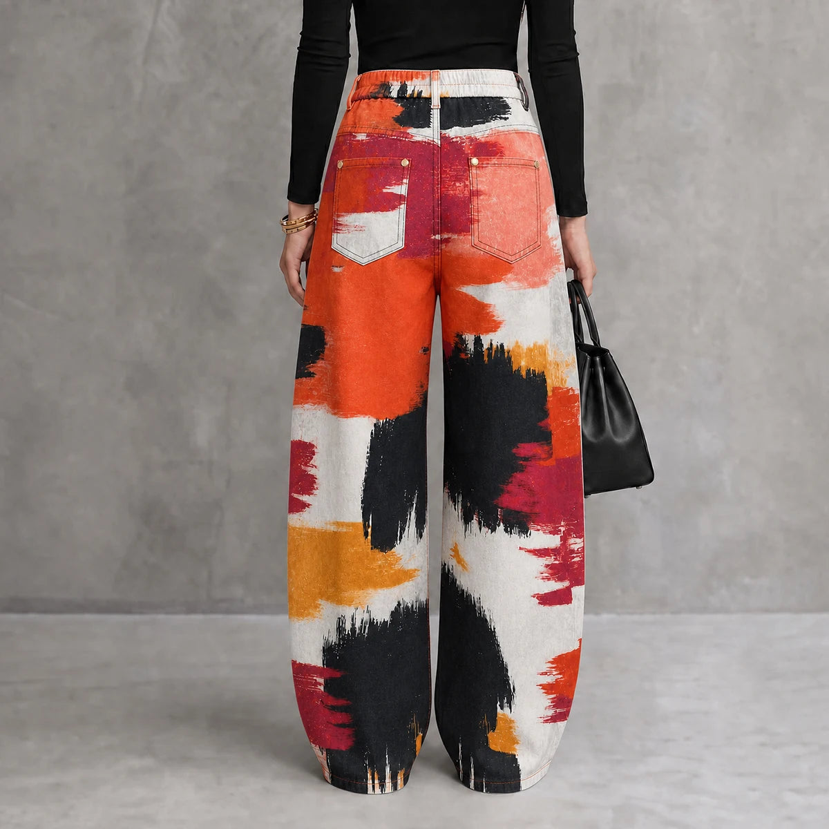 Women’s High-Waist Wide-Leg Pants – Contrast Print with Pockets