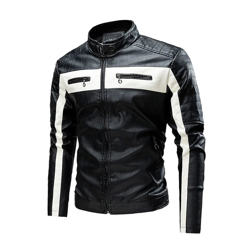 Men's PU Leather Motorcycle Jacket – Slim Fit Stand Collar Biker Coat