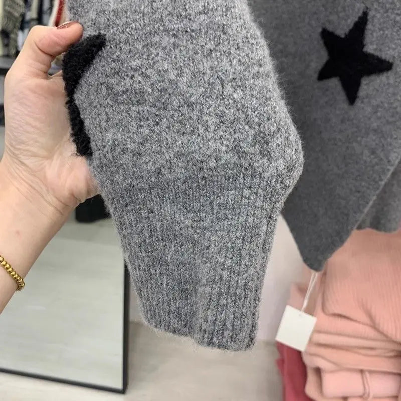 Women’s Star Embroidered Knit Sweater – Loose Fit Long Sleeve Casual Pullover, Comfortable Spring & Autumn Outerwear