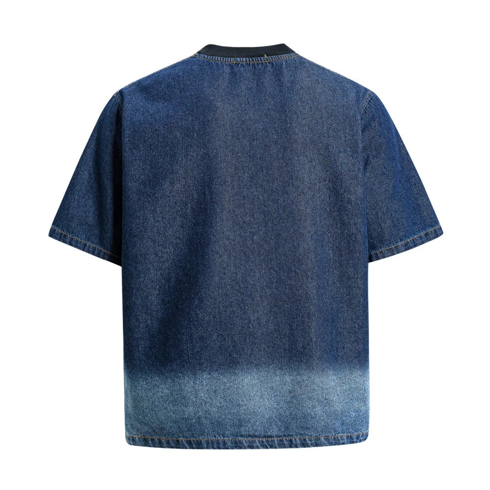 Men’s Retro Denim T-Shirt – Letter Embroidery Washed Distressed Short Sleeve Crew Neck Summer Tee