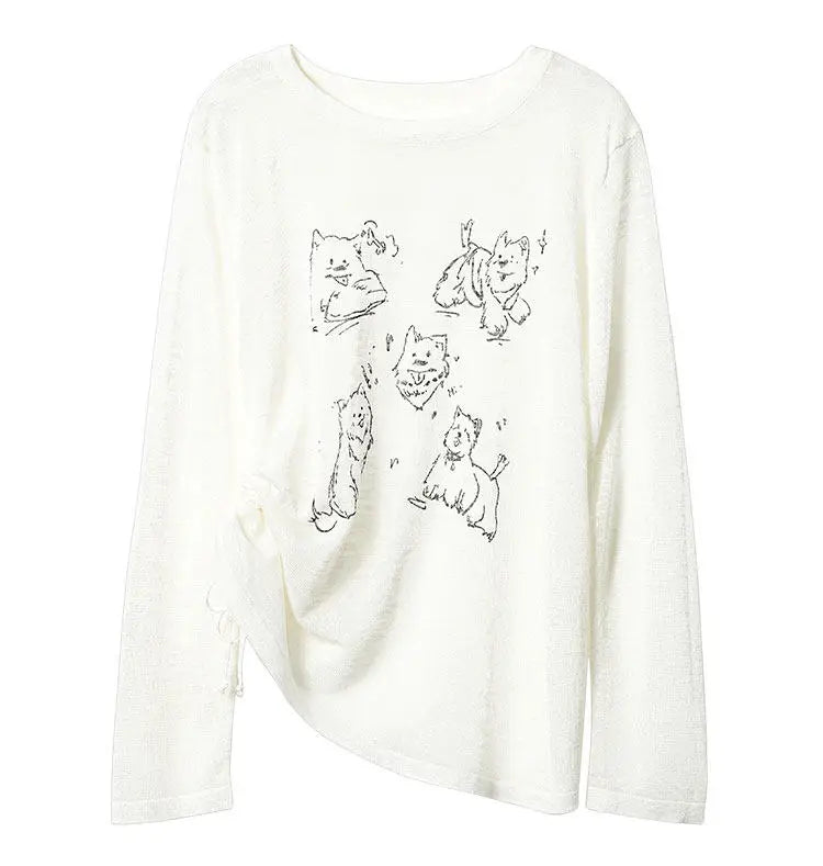 Women’s Korean Dog Print T-Shirt – Cute Casual Long Sleeve White Top, Lightweight Sun Protection Summer Tee