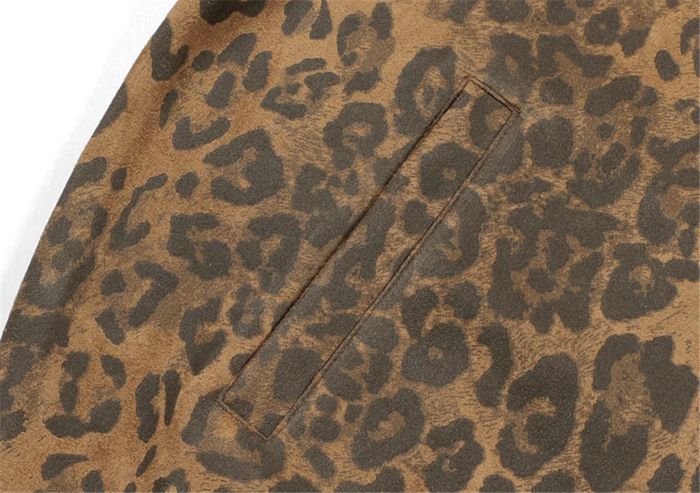Unisex Leopard Print Suede Jacket – Vintage Stand Collar Zip-Up Coat, Harajuku Hip Hop Streetwear Outerwear