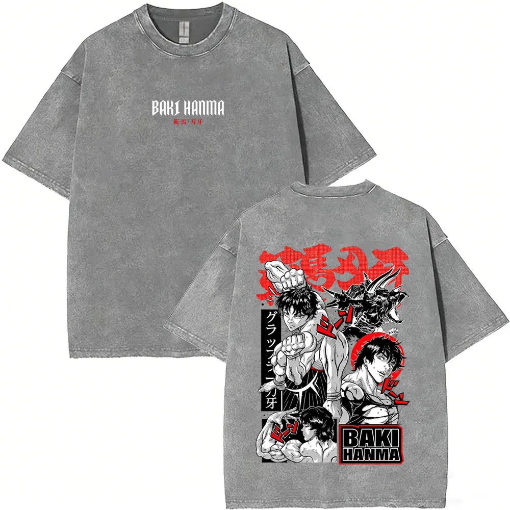 Unisex Baki Hanma Anime T-Shirt – Vintage Washed Oversized Retro Manga Cotton Tee