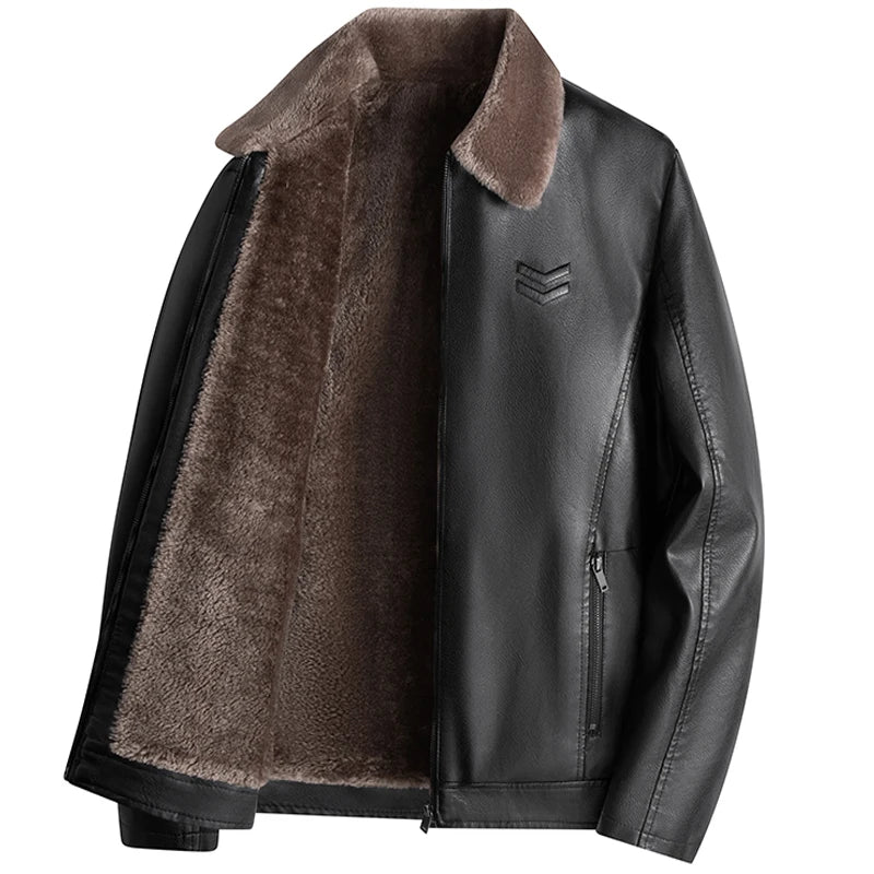 Men’s Fleece-Lined Leather Jacket – Autumn & Winter Business Casual Coat
