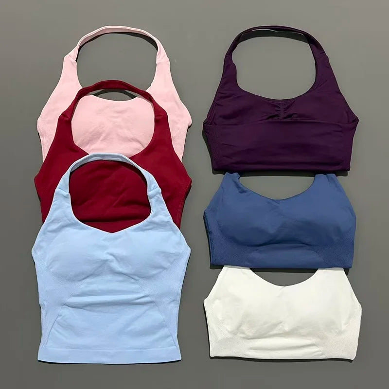 Women's Seamless Halterneck Longline Sports Tank Top – Ruched Gym Activewear
