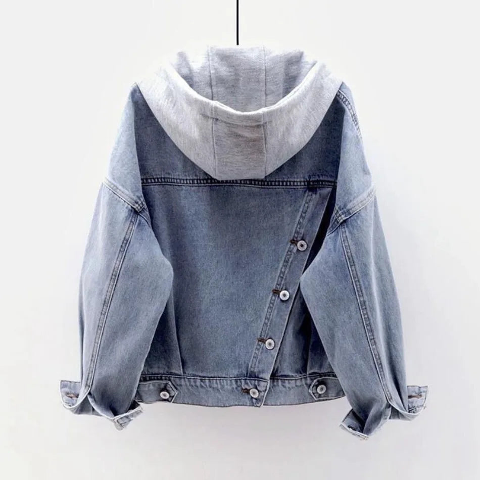Women’s Hooded Denim Jacket – Retro Loose-Fit Short Coat for Spring & Autumn