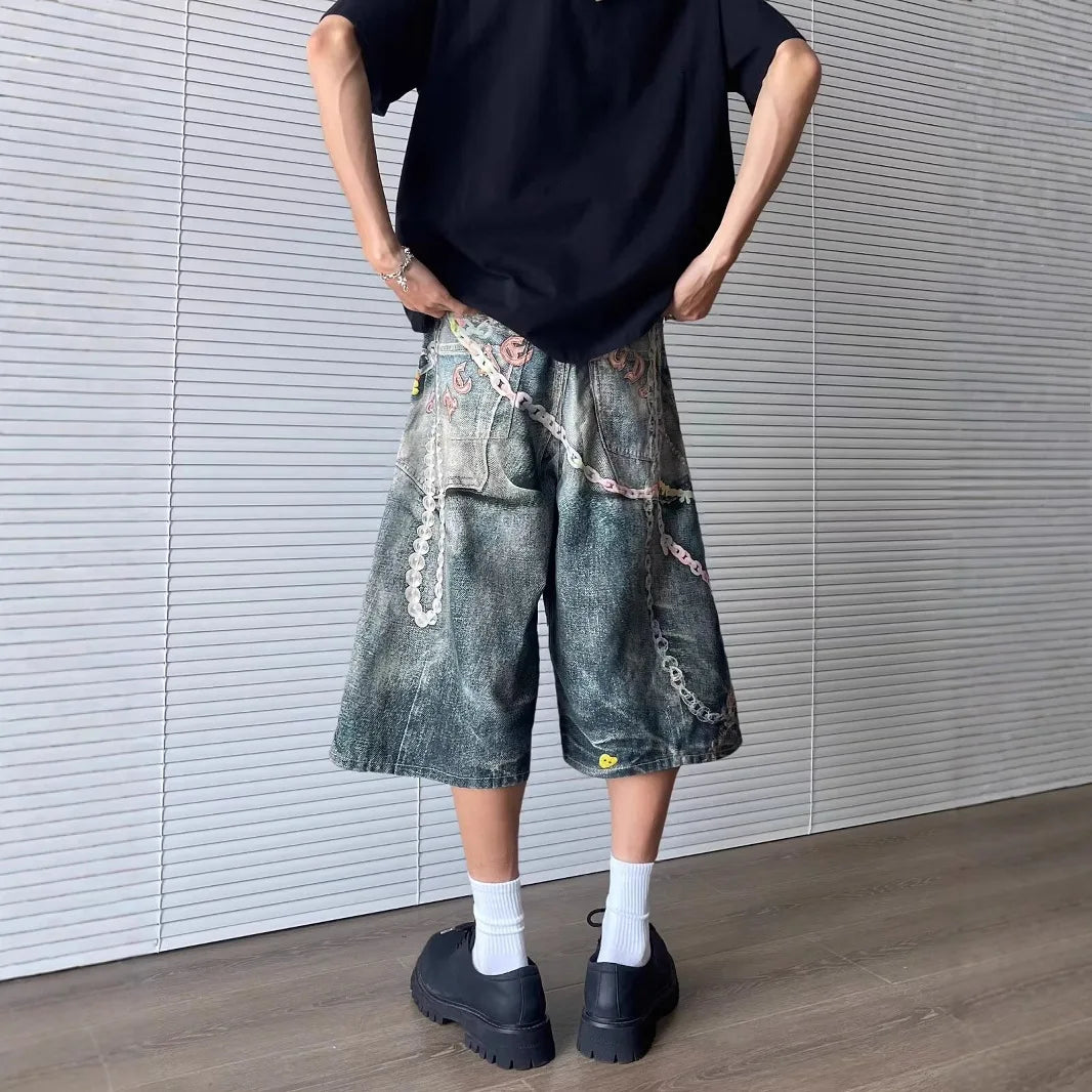 Men’s Retro Chain-Print Denim Shorts – Loose Wide-Leg Cropped Pants | American Hip-Hop Streetwear