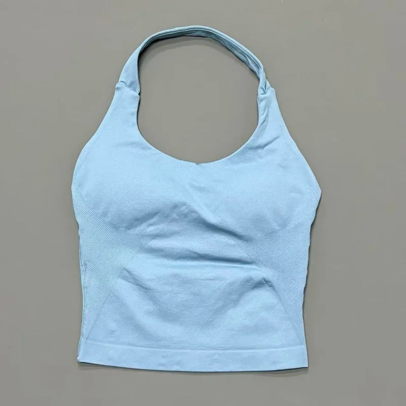 Women's Seamless Halterneck Longline Sports Tank Top – Ruched Gym Activewear