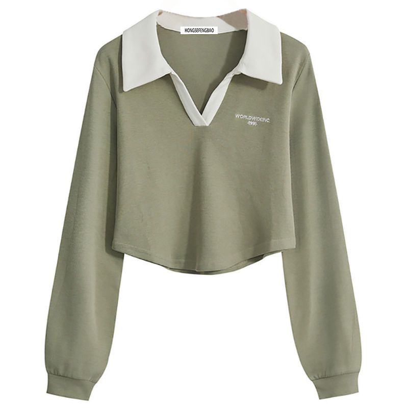 Women’s Vintage Letter Print Sweatshirt – Asymmetrical Loose Fit Polo Collar Top