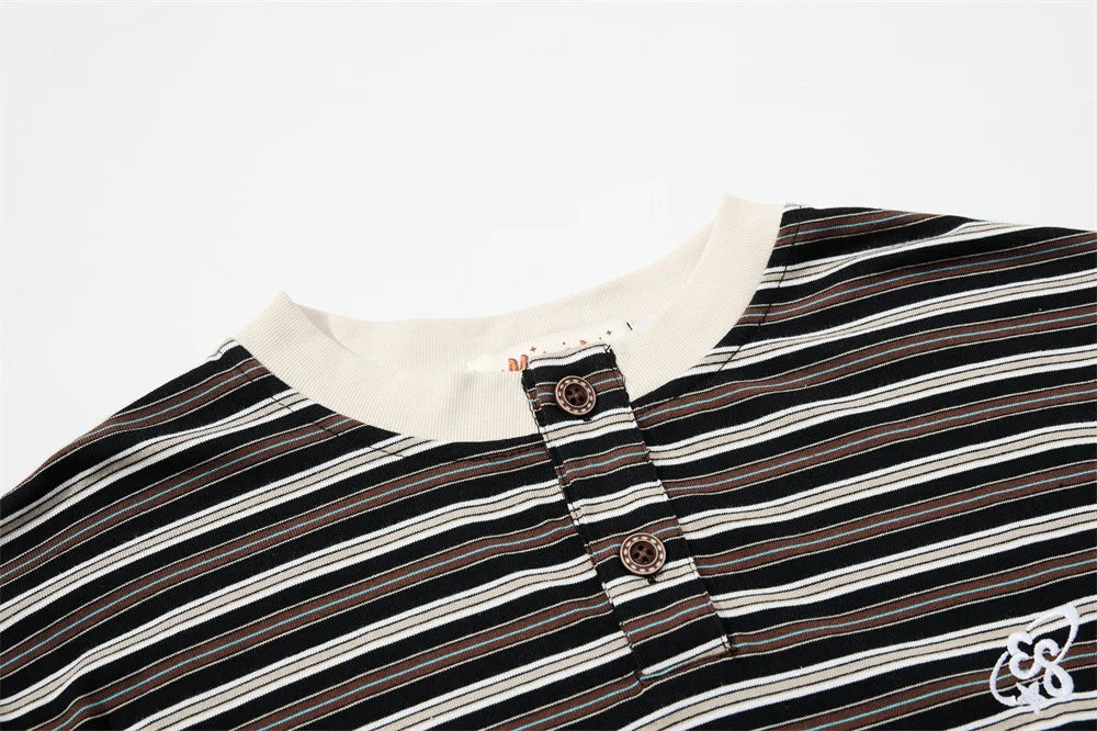 Men’s Striped Faux Two-Piece T-Shirt – Loose Fit Long Sleeve American Streetwear Top
