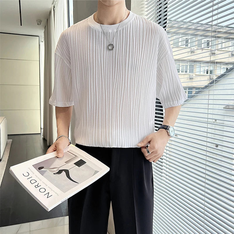 Men's Ice Silk Pleated T-Shirt – Casual Summer Crewneck Tee