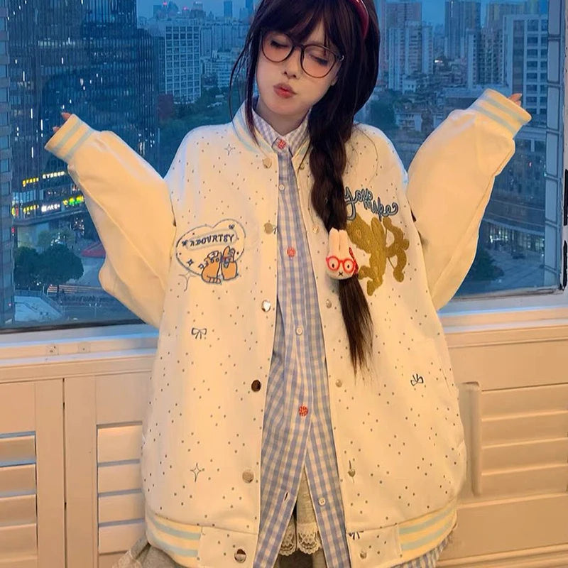 Embroidered Wings White Baseball Jacket Women Loose Lazy Casual Sweet Coat Long Sleeve Fall Winter Polka Dot Korean Outwear