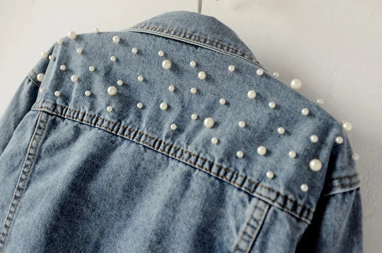 Women’s Beaded Denim Jacket – Loose Fit Embellished Winter Coat for Autumn & Winter