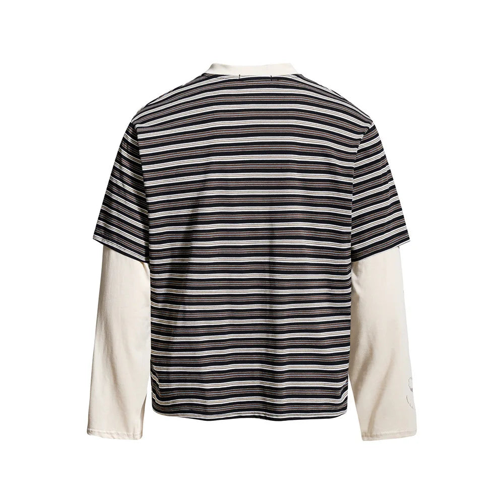 Men’s Striped Faux Two-Piece T-Shirt – Loose Fit Long Sleeve American Streetwear Top