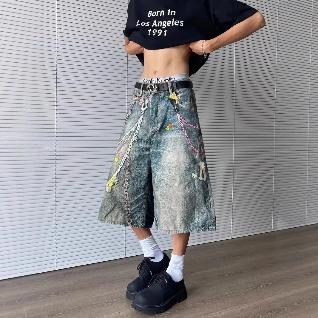 Men’s Retro Chain-Print Denim Shorts – Loose Wide-Leg Cropped Pants | American Hip-Hop Streetwear