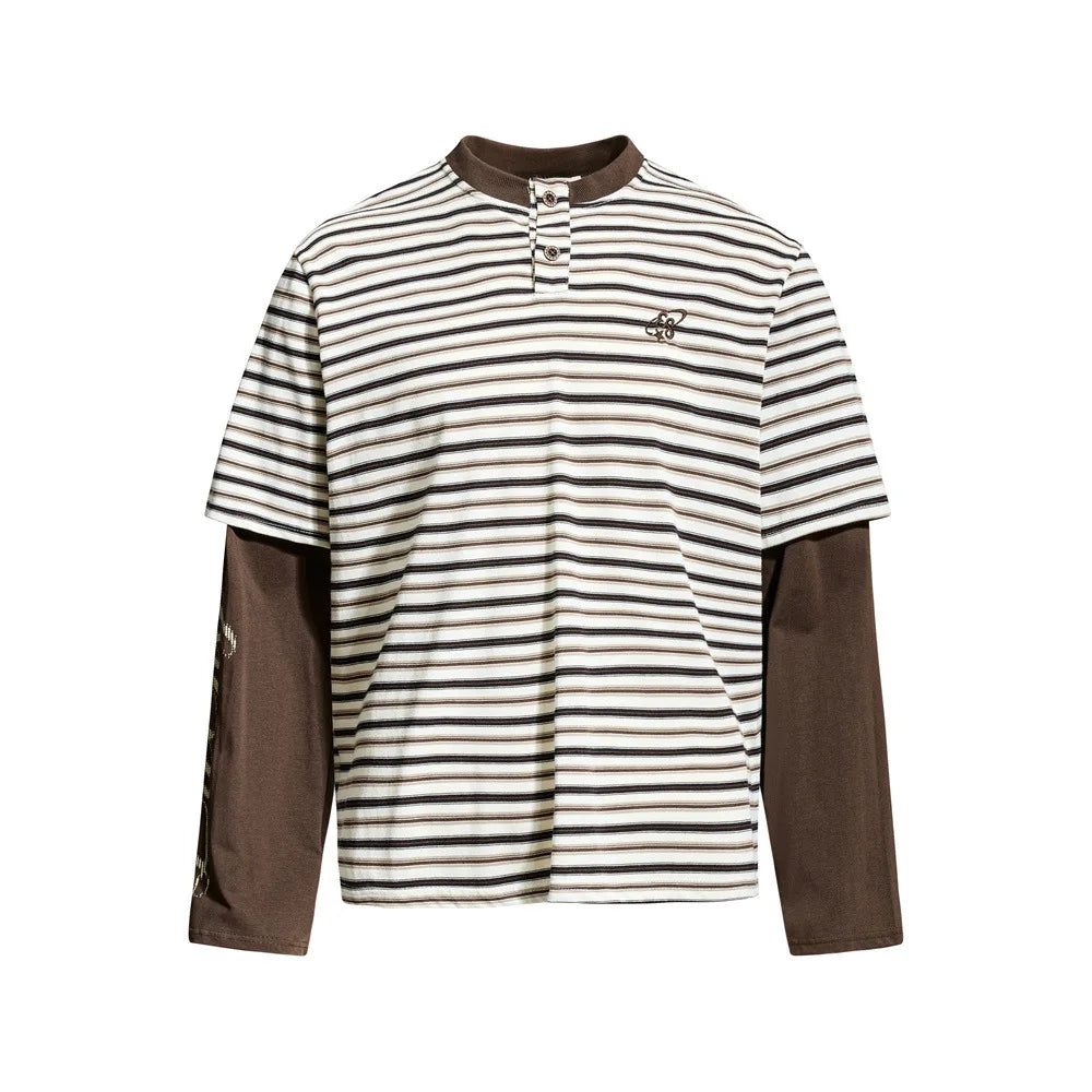 Men’s Striped Faux Two-Piece T-Shirt – Loose Fit Long Sleeve American Streetwear Top