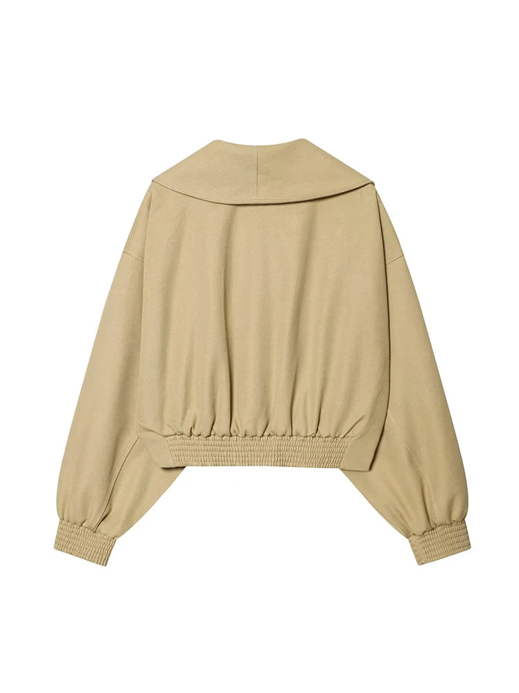 Women’s Lapel Bomber Jacket – Spring/Autumn Solid Coat