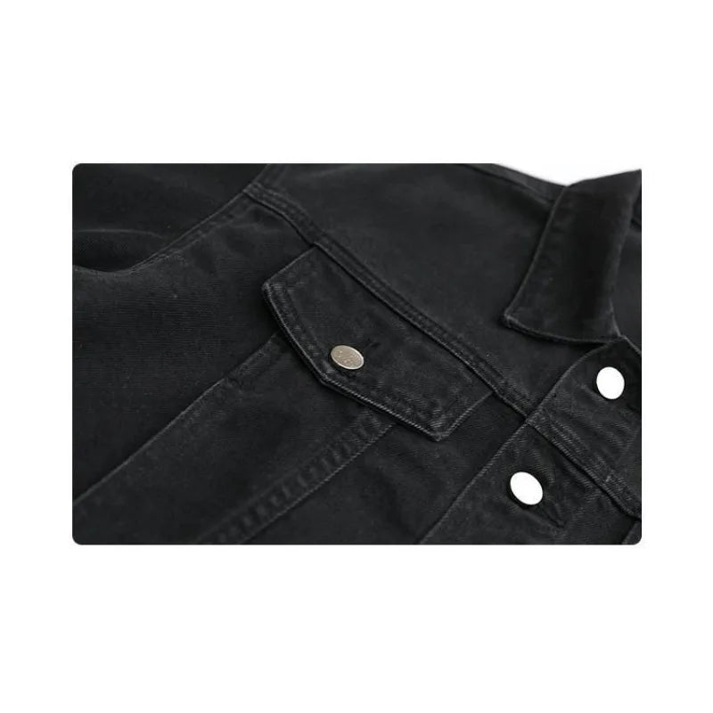 Men’s Vintage Black Denim Jacket – Loose Fit Long Sleeve Spring Streetwear Coat