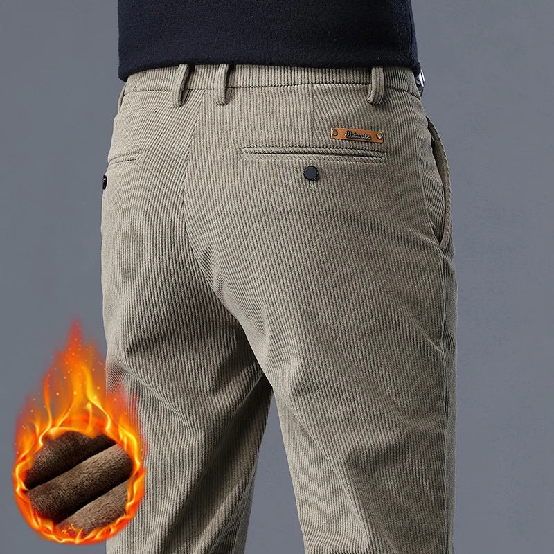 Men's Corduroy Thermal Pants – Thick Fleece Lined Stretch Trousers, Warm Winter Casual & Business Pants, Mid-Rise Comfort Fit