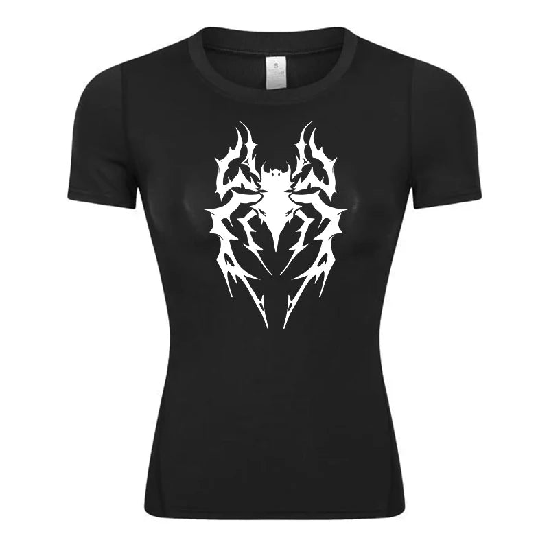Women’s Spider Print Compression Shirt – Short Sleeve Athletic Top for Running, Gym & Yoga