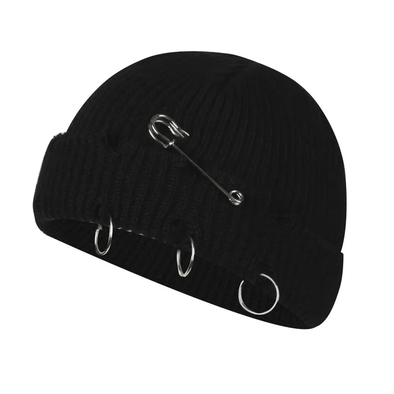Women’s Y2K Gothic Beanie – Winter Knit Skull Cap with Metal Ring Detail, Harajuku Hip Hop Streetwear Hat