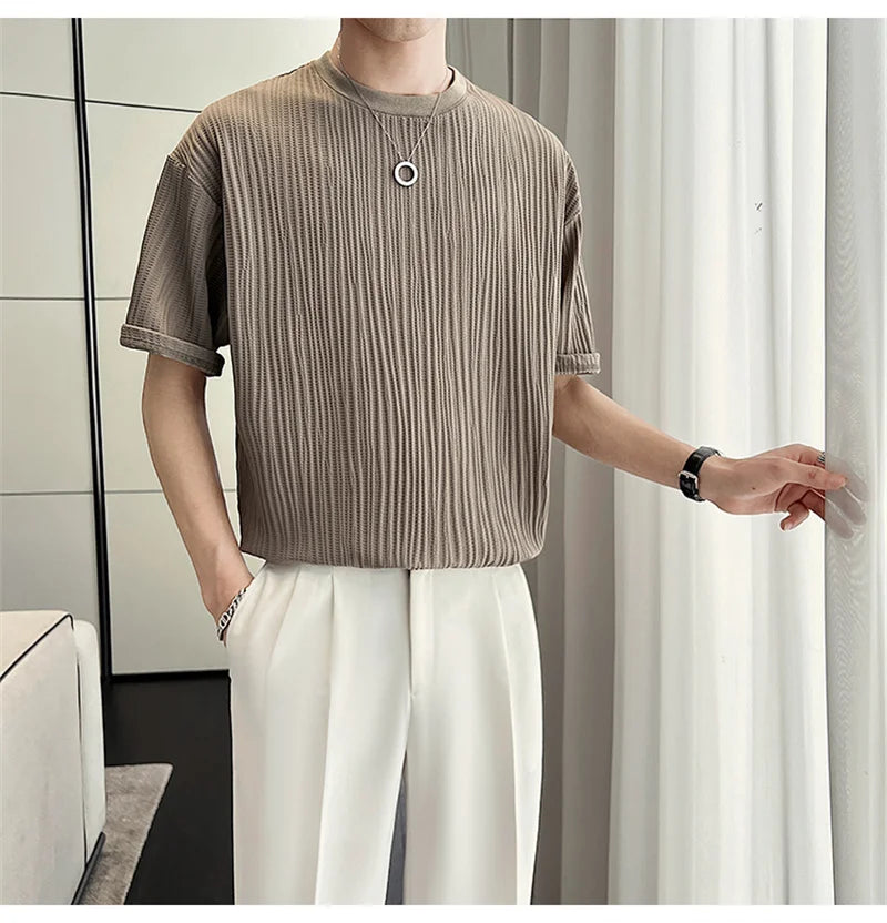 Men's Ice Silk Pleated T-Shirt – Casual Summer Crewneck Tee