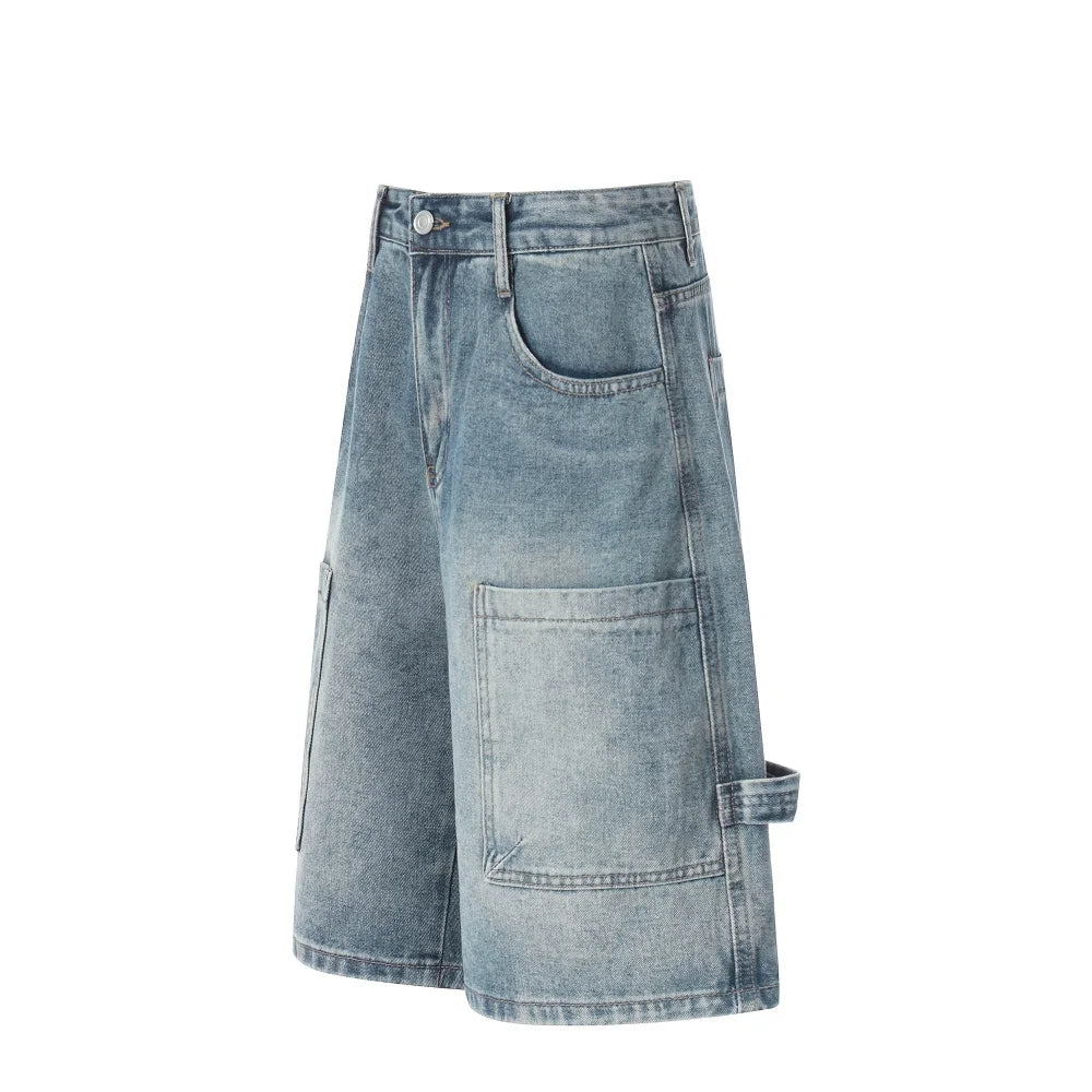 Men’s Retro Baggy Denim Shorts – Washed Distressed Knee-Length Carpenter Shorts | Loose Wide-Leg Casual Streetwear