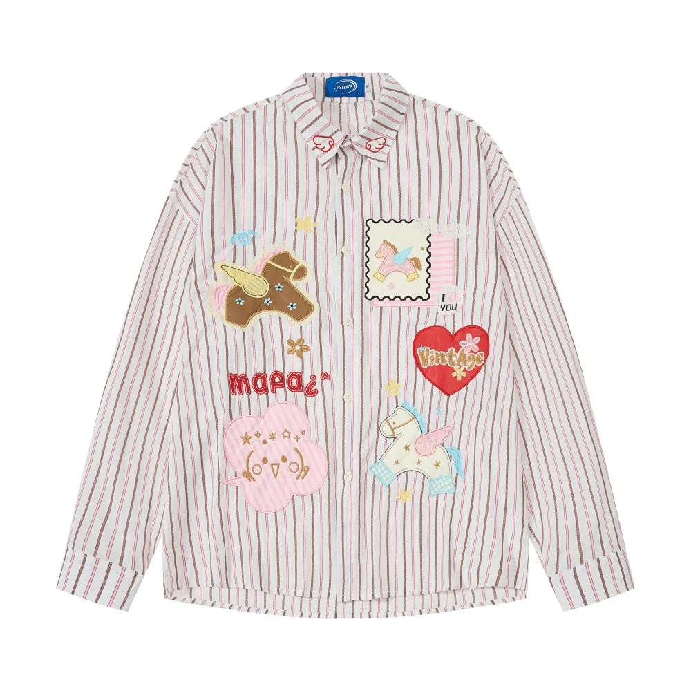 Men’s Horse Embroidery Striped Shirt – Loose-Fit Long-Sleeve Cotton Button-Up | Fun Autumn Casual Streetwear