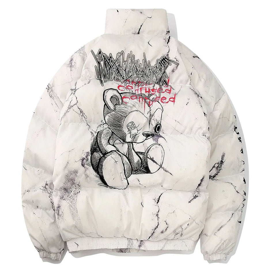 Men’s Y2K Oversized Puffer Parka – Letter Graphic Tie-Dye Winter Jacket, Warm Hip Hop Streetwear