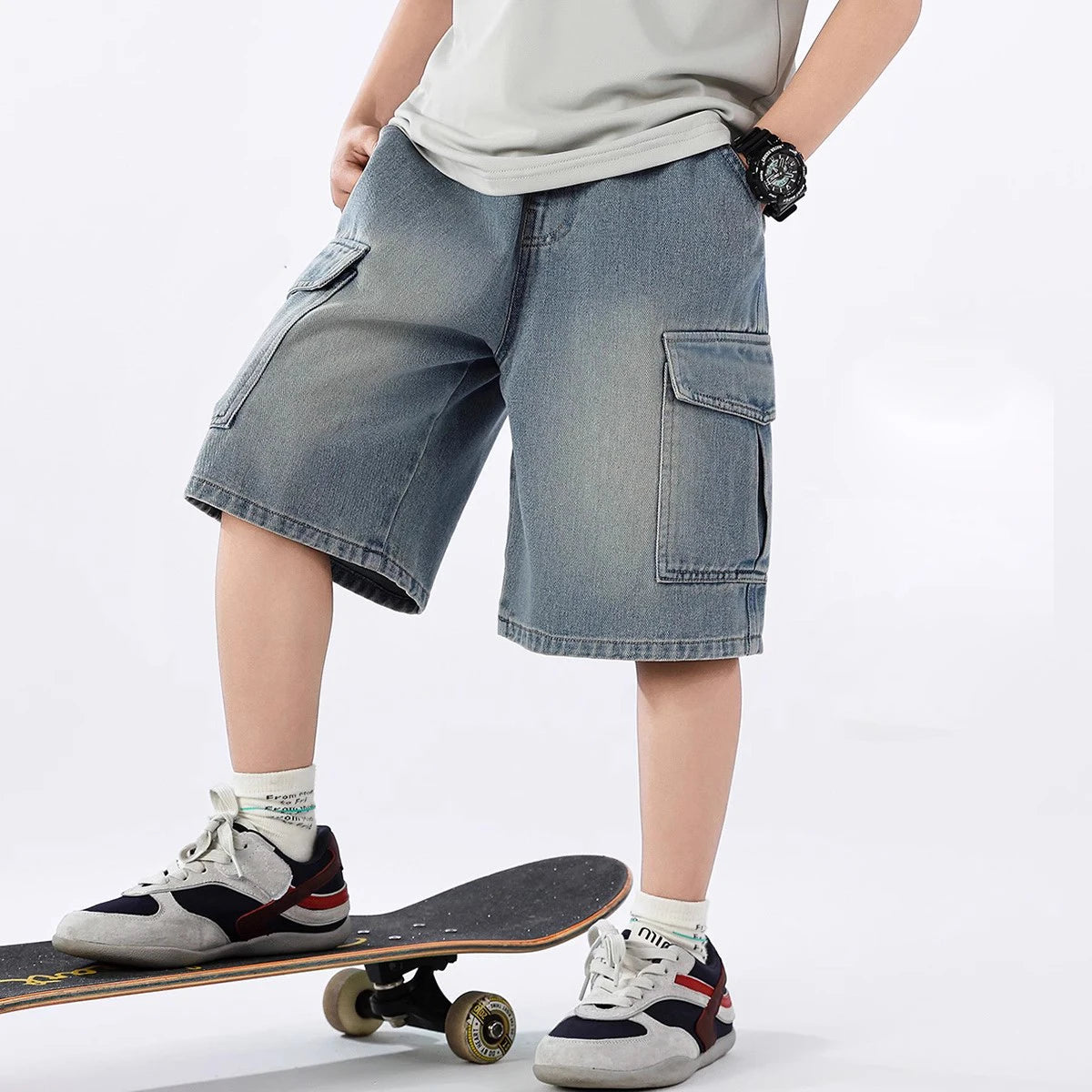 Boys’ Summer Denim Shorts – Loose Wide-Leg Knee-Length Jeans with Big Pockets | Solid Color Casual Streetwear for Kids & Teenagers