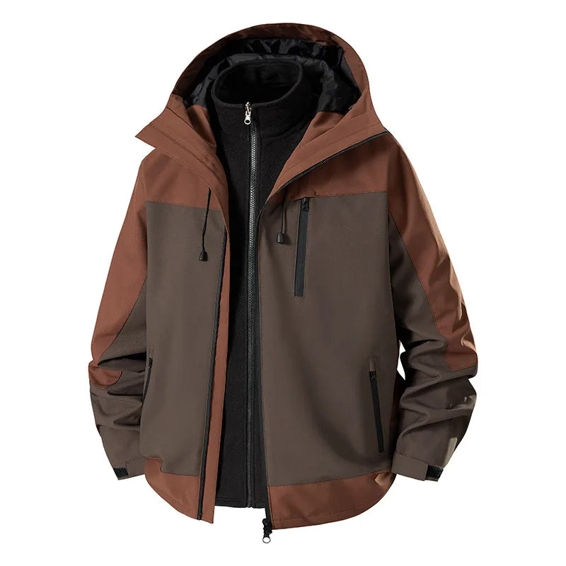 Men’s 3-in-1 Hiking Jacket – Thick Waterproof & Windproof Hooded Outdoor Coat for Climbing, Camping & Travel