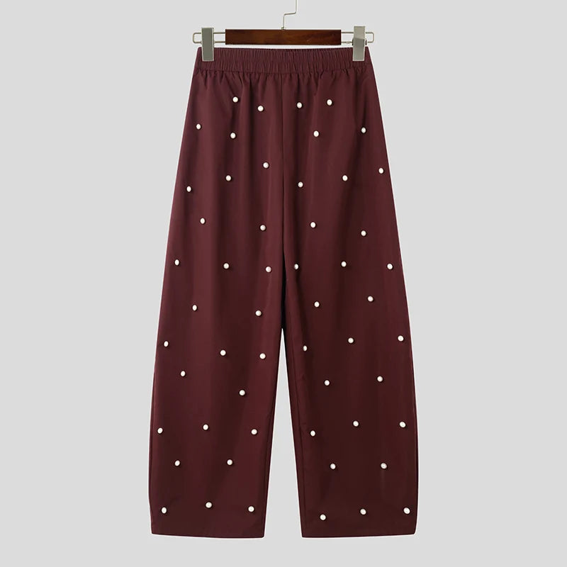 INCERUN Men’s Pearl Detail Straight-Leg Trousers – Korean Style Solid Pants | Party & Streetwear