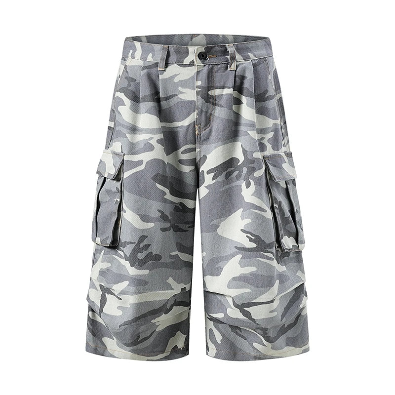 IEFB Men’s Camo Cargo Shorts – Washed Grey Baggy Denim Knee-Length Shorts | Streetwear