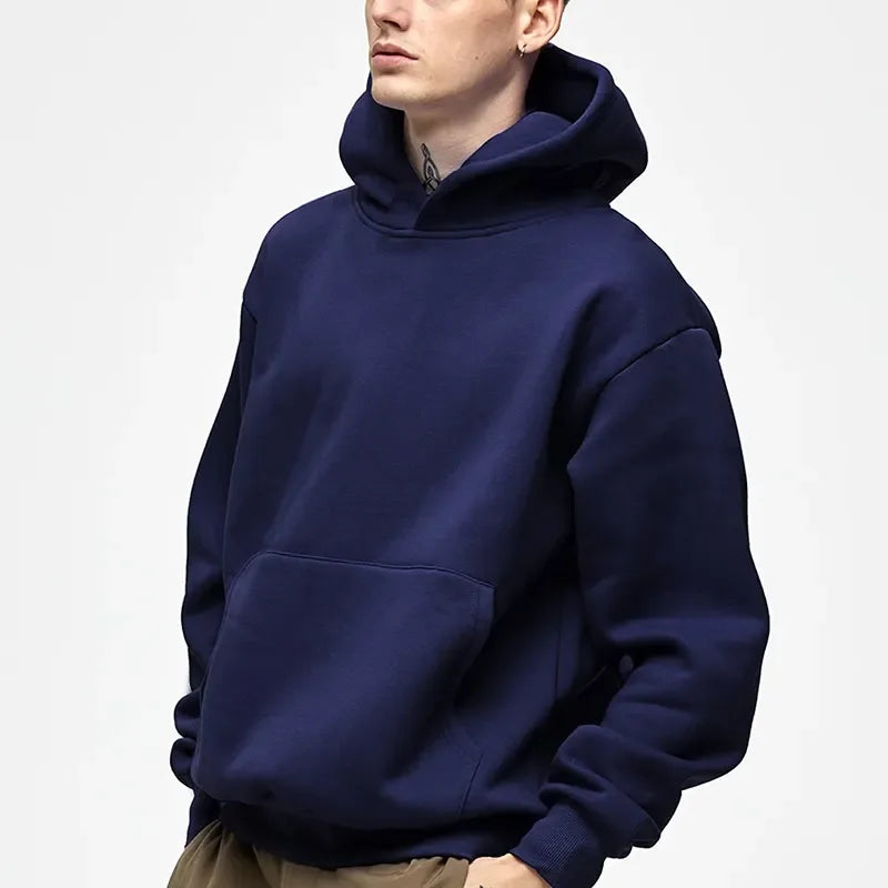 Men's 500 GSM Heavyweight Cotton Hoodie – Solid Color Casual Winter Sweatshirt