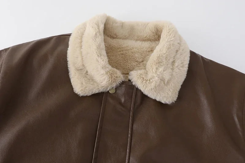 Women’s Faux Leather Fur-Lined Jacket – Warm Thick Vintage Motorcycle Coat, Long Sleeve Lapel Winter Outerwear
