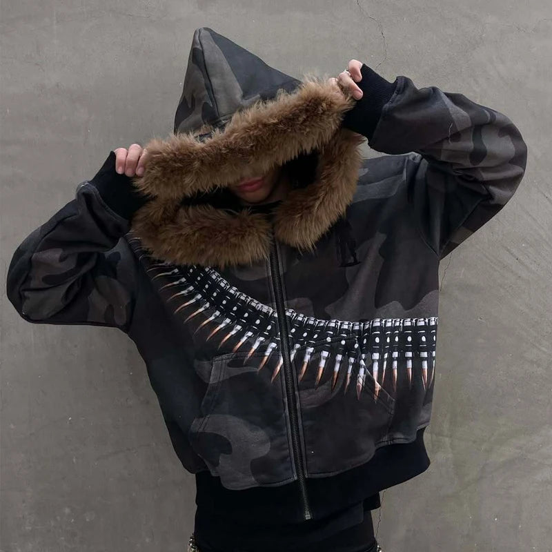 Unisex Y2K Faux Fur Collar Hoodie Jacket – Zip-Up Retro Punk Hip Hop Rock Streetwear Coat, Autumn & Winter