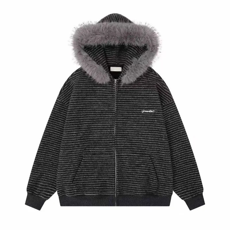 Women’s Y2K Retro Hooded Coat – Striped Loose Jacket with Detachable Faux Fur Collar, Harajuku Gothic Style