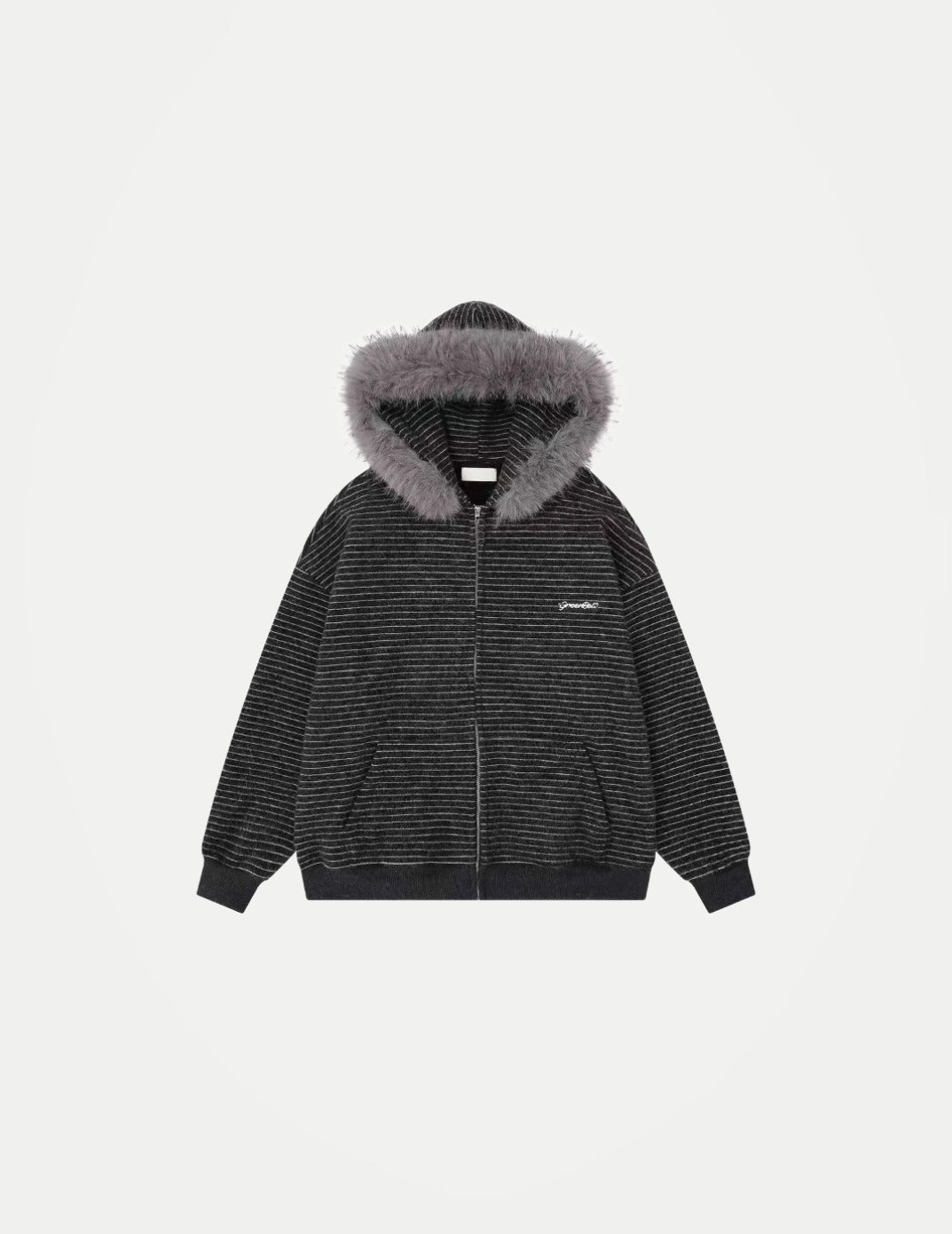 Women’s Y2K Retro Hooded Coat – Striped Loose Jacket with Detachable Faux Fur Collar, Harajuku Gothic Style