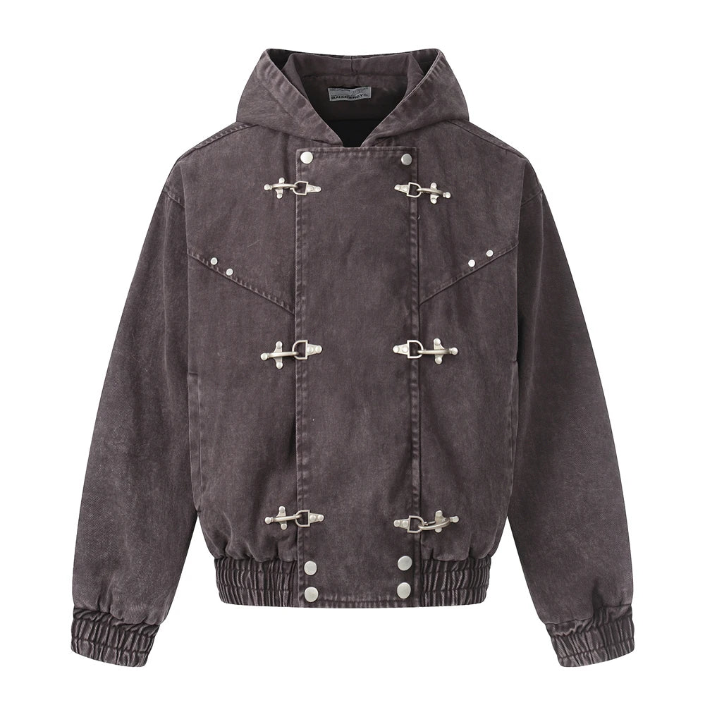 Men’s Vintage Washed Denim Jacket – Y2K Grunge Hooded Coat, Loose-Fit Hip Hop High Street Streetwear