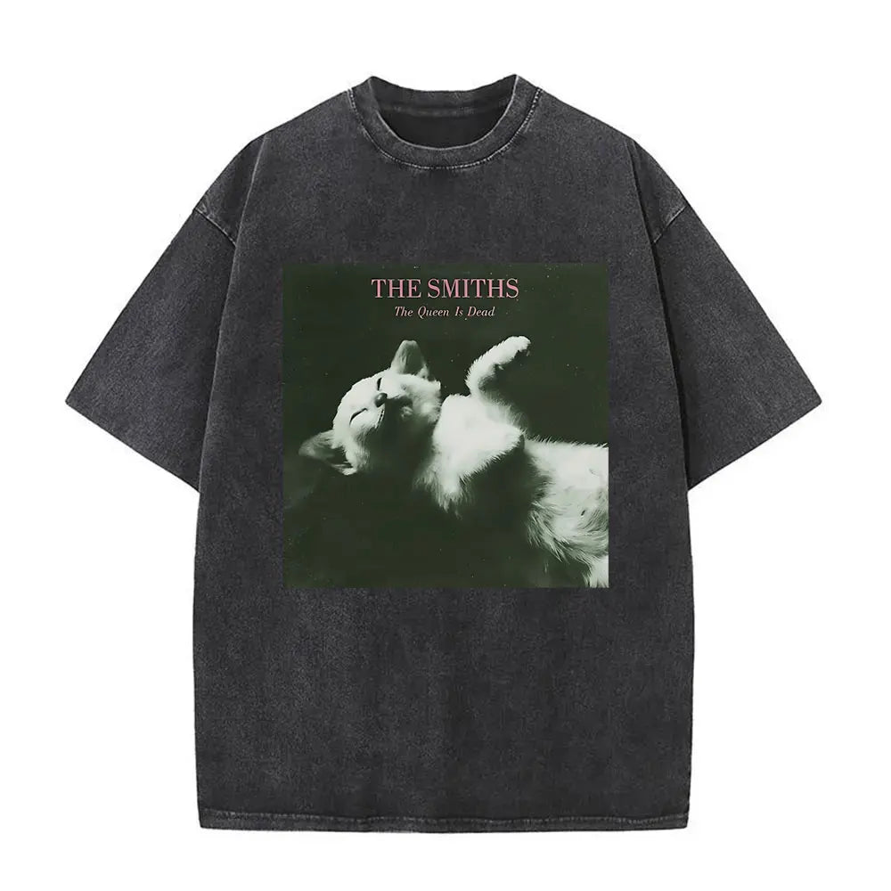 Unisex The Smiths Graphic T-Shirt – Funny Cat Retro Washed Tee | 1980s Indie Rock Vintage Streetwear