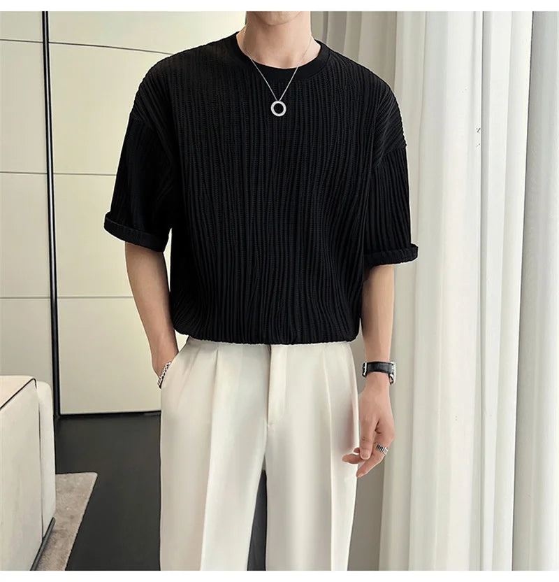 Men's Ice Silk Pleated T-Shirt – Casual Summer Crewneck Tee