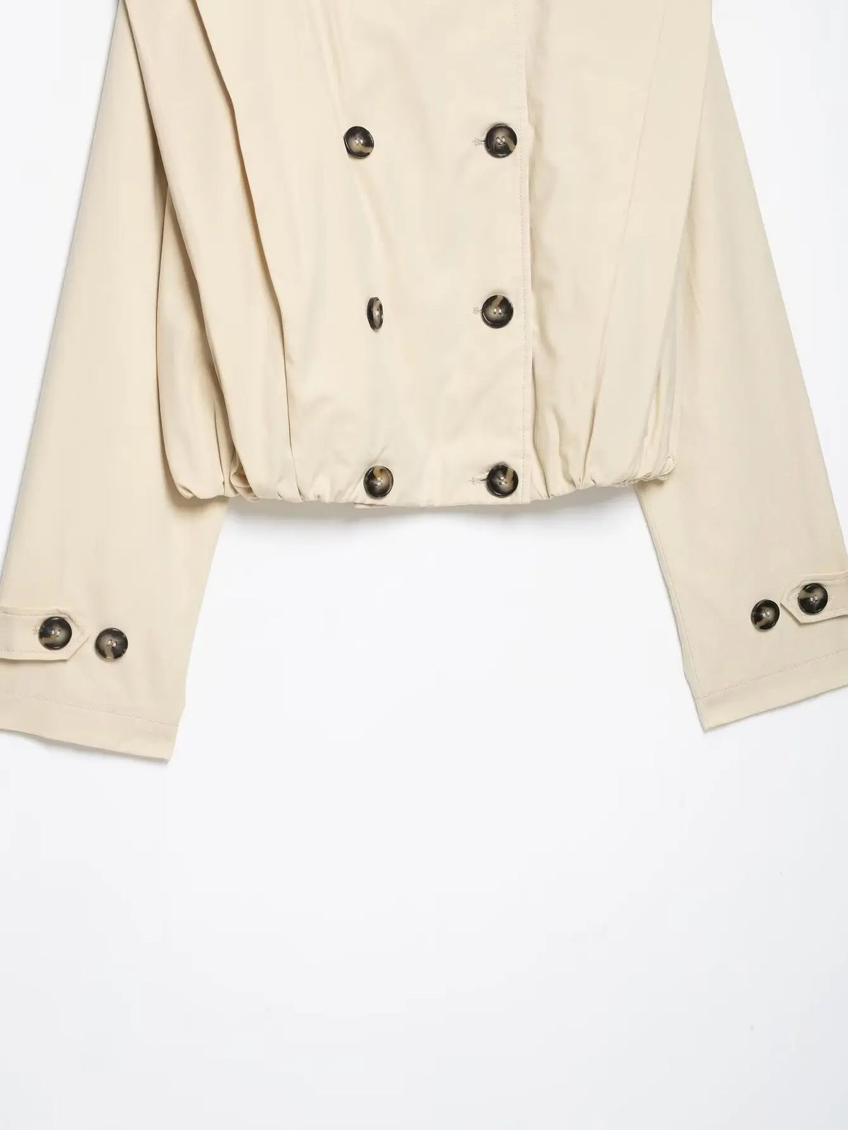 Women’s Vintage Cropped Trench Coat – Double-Breasted Stand Collar Streetwear Jacket
