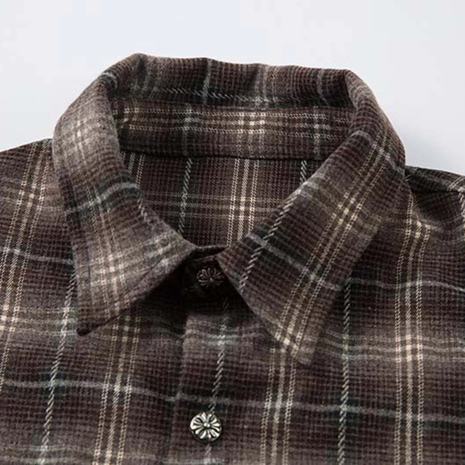 Men’s Vintage Plaid Layered Shirt – Loose Fit Long Sleeve Streetwear
