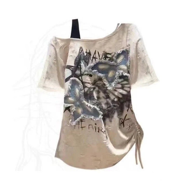 Women’s Vintage Y2K Off-Shoulder Graphic T-Shirt – Oversized 2000s Style Short Sleeve Top