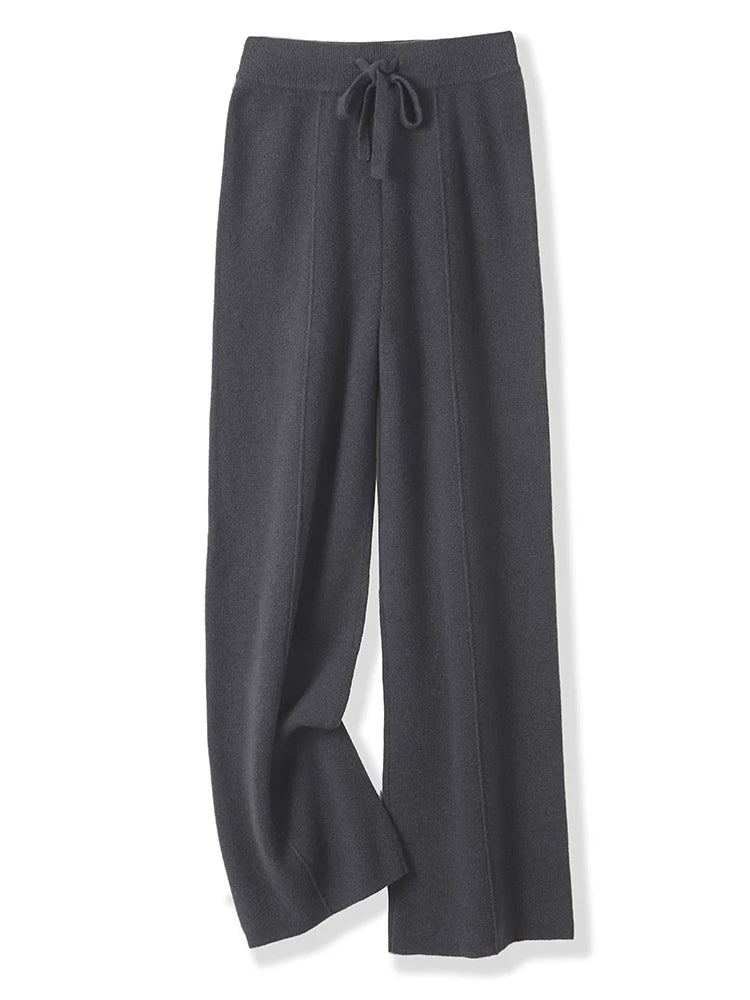 Women’s Merino Wool Wide Leg Pants – Soft Warm Knitted Casual Winter Trousers